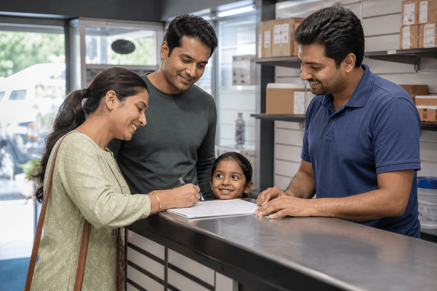 Clerk helping a family fill out an application at the counter