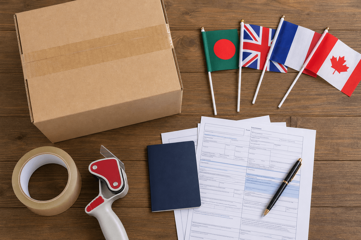 International shipment with customs forms and flags of Bangladesh, UK, France and Canada