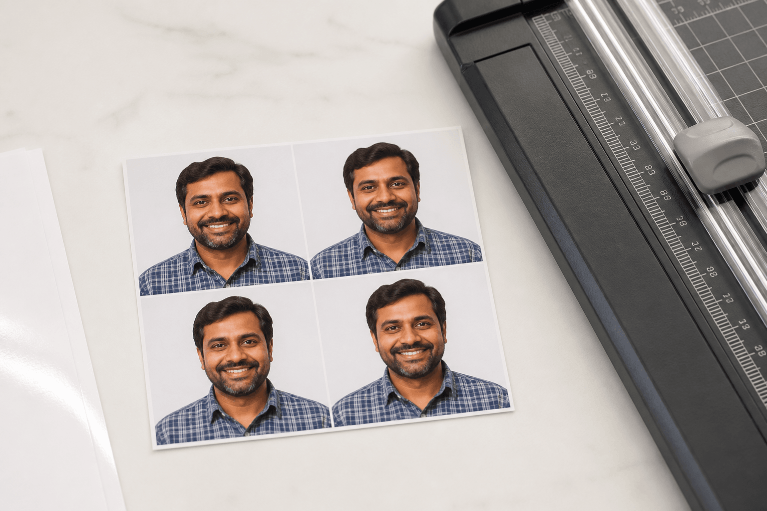 Freshly printed passport-size photos next to a paper trimmer